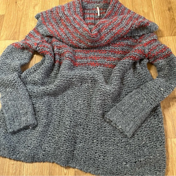 Free People Wool, Linen, Mohair Blend Gray and Red Cowl Neck Chunky Sweater - Picture 3 of 10